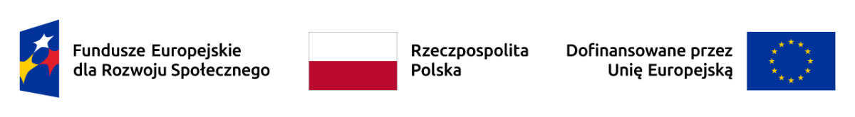 Grafika przedstawia trzy logotypy ustawione w jednym rzędzie, każdy z towarzyszącym mu tekstem. Po lewej stronie znajduje się kolorowy znak graficzny z gwiazdą oraz napis „Fundusze Europejskie dla Rozwoju Społecznego”. W środku widoczna jest flaga Polski z podpisem „Rzeczpospolita Polska”. Po prawej stronie umieszczono flagę Unii Europejskiej z tekstem „Dofinansowane przez Unię Europejską”. Całość tworzy pasek informacyjny wskazujący instytucje finansujące projekt.
