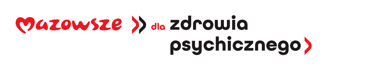 Grafika przedstawia napis „Mazowsze dla zdrowia psychicznego”. Słowo „Mazowsze” zapisano czerwonym, ozdobnym krojem pisma, a pozostałą część hasła czarną, pogrubioną czcionką. Po obu stronach tekstu znajdują się czerwone, strzałkowate symbole dodające kompozycji dynamiki. Całość utrzymana jest w prostym, czytelnym stylu.