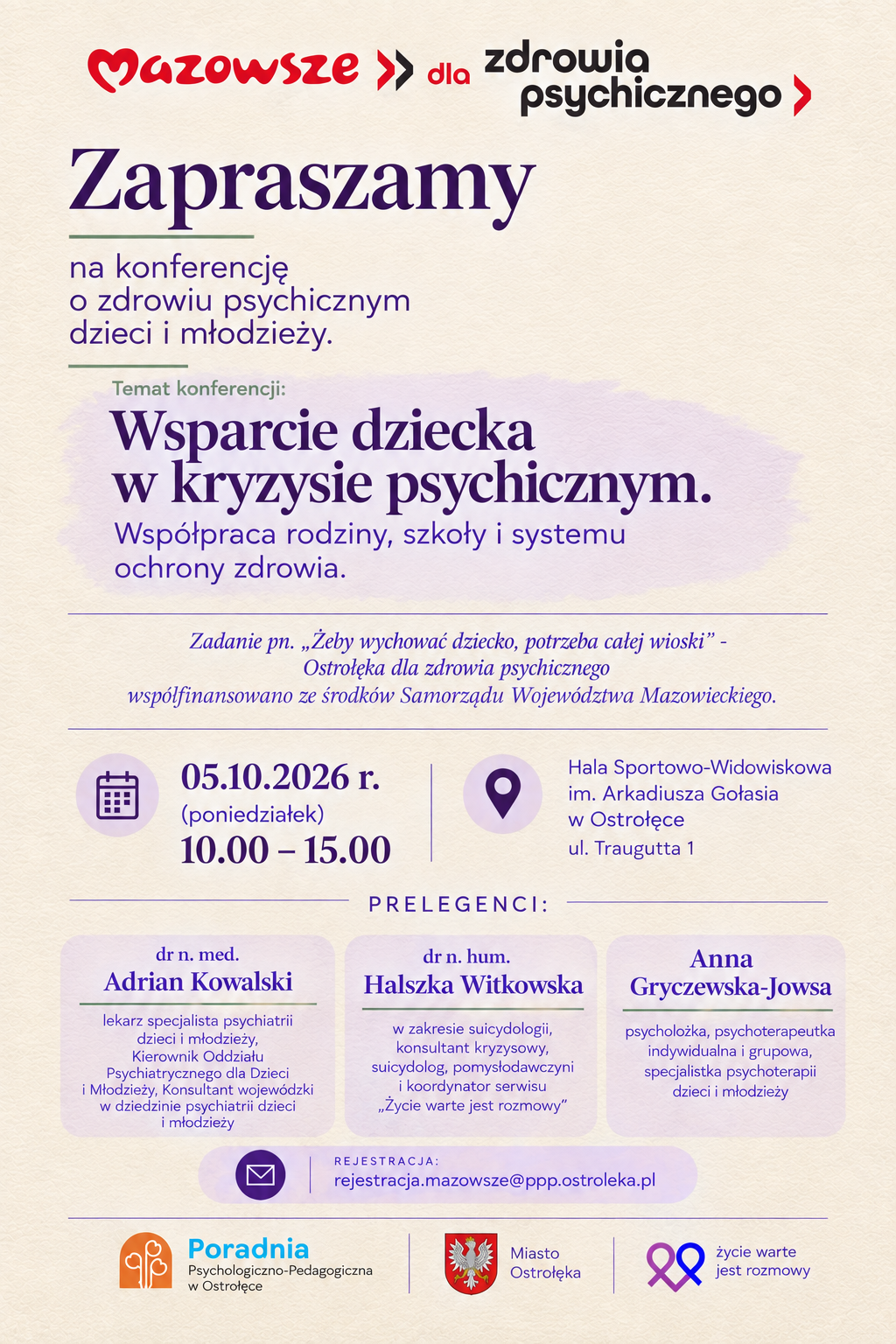 Plakat informacyjny w języku polskim, utrzymany w jasnej kolorystyce beżu i fioletu z czerwonymi akcentami. U góry widnieje logotyp „Mazowsze dla zdrowia psychicznego” z czerwonymi strzałkami skierowanymi w prawo.